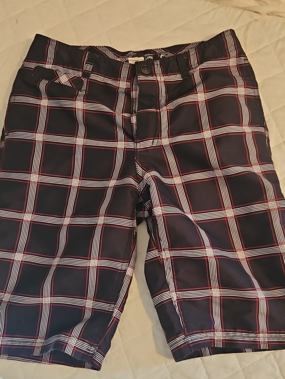 Black Plaid Boy's Swim Shorts with Red and White Windowpane